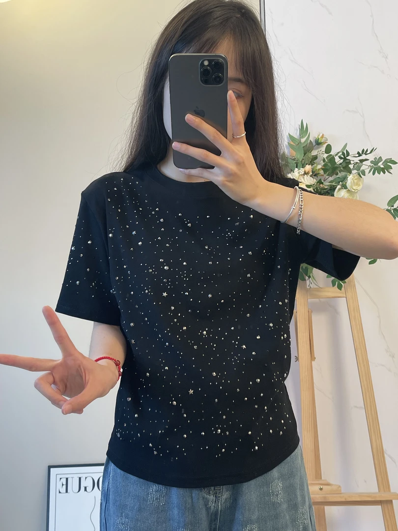 满钻烫钻闪闪发亮~2025夏季新款 圆领短袖t恤女时尚休闲百搭