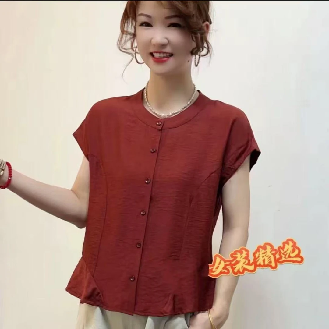 夏季新款圆领纯色休闲衬衫显瘦减龄百搭复古气质女士薄款上衣衬衫