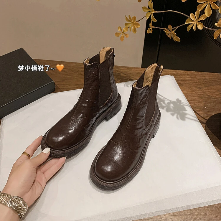 XIAOQI时尚百搭真皮复古厚底英伦风秋冬圆头短靴瘦瘦靴粗跟