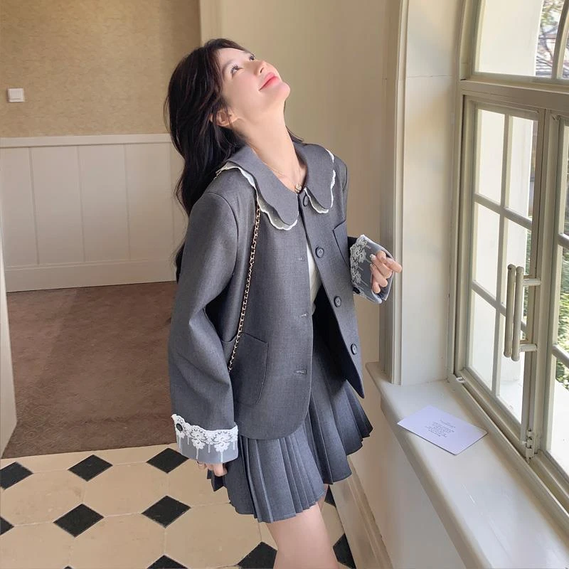 蕾丝拼接银灰色西装套装裙女春季2025新款超火百褶裙小个子两件套