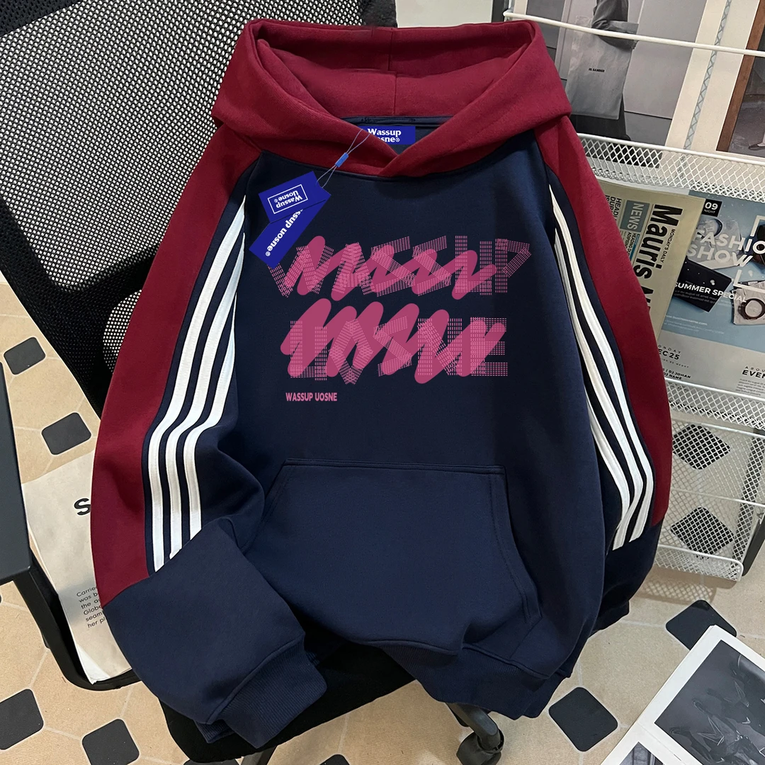 WASSUP UOSNE美式重磅高街撞色连帽卫衣男冬季新款舒适设计感外套