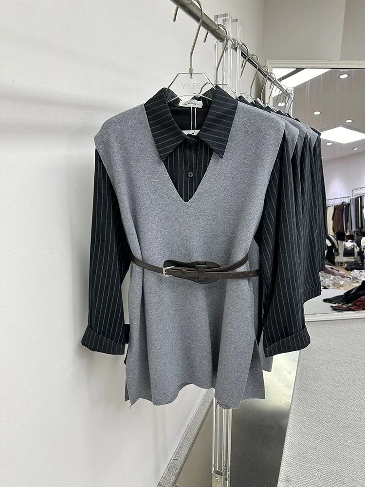 AILISHENG韩版新款宽松时尚条纹衬衫+配腰带V领马甲背心两件套女