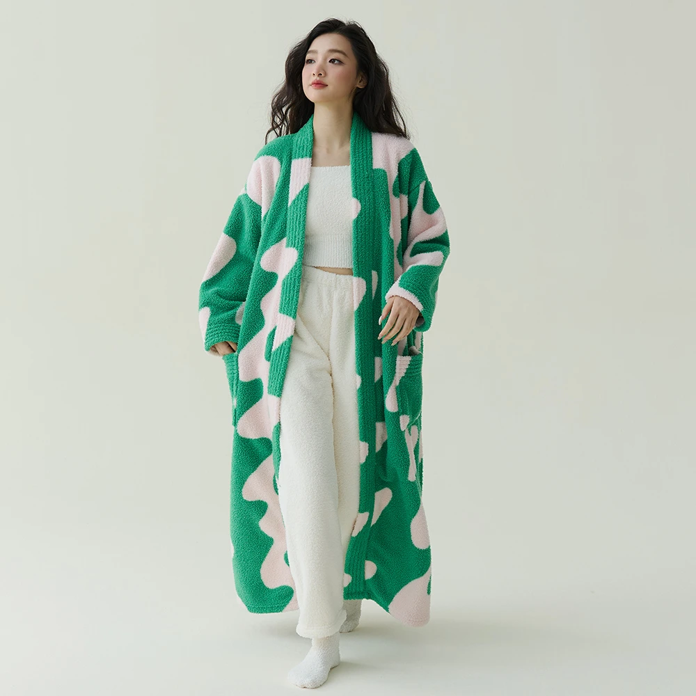 珊瑚绒睡袍女秋冬季长袖中长款加绒加厚家居服女士冬季和服浴袍