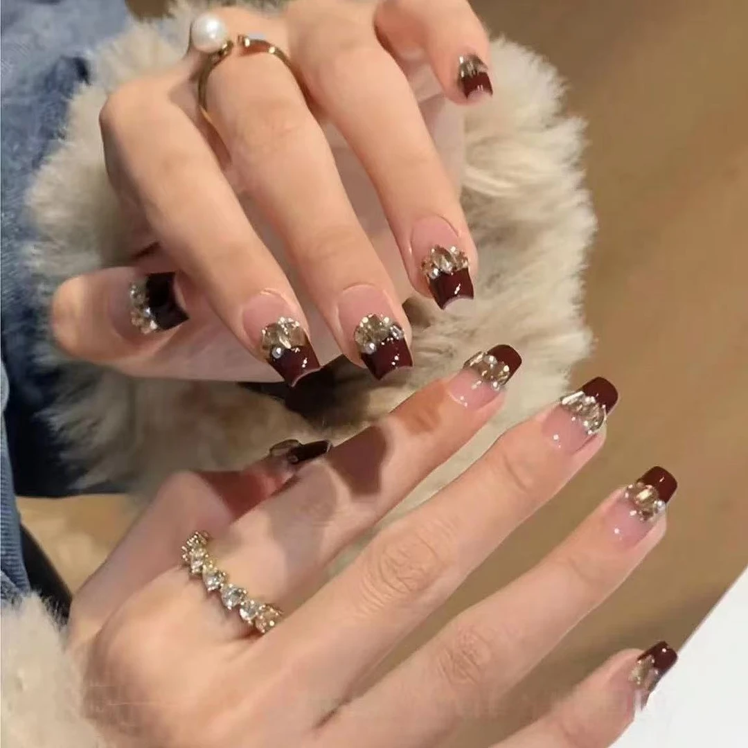 酒红香槟纯手工光疗美甲贴果冻贴片指甲穿戴甲简约梯形重复