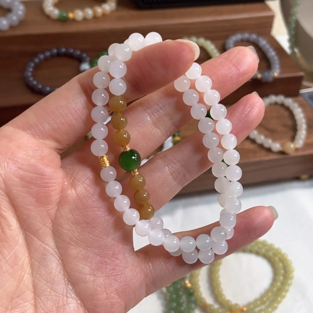 和田玉手链银S925镶嵌6mm碧玉双圈