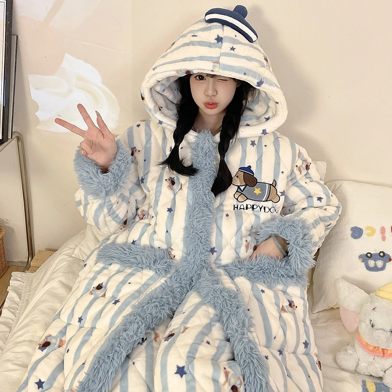 女士睡衣冬季三层夹棉法兰绒家居服套装休闲保暖可外穿长袖长裤女