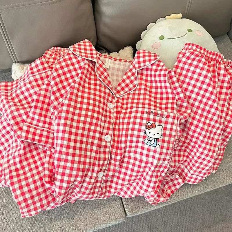 带胸垫红格子KT猫睡衣女春秋夏季云朵棉短袖短裤长裤三件套家居服