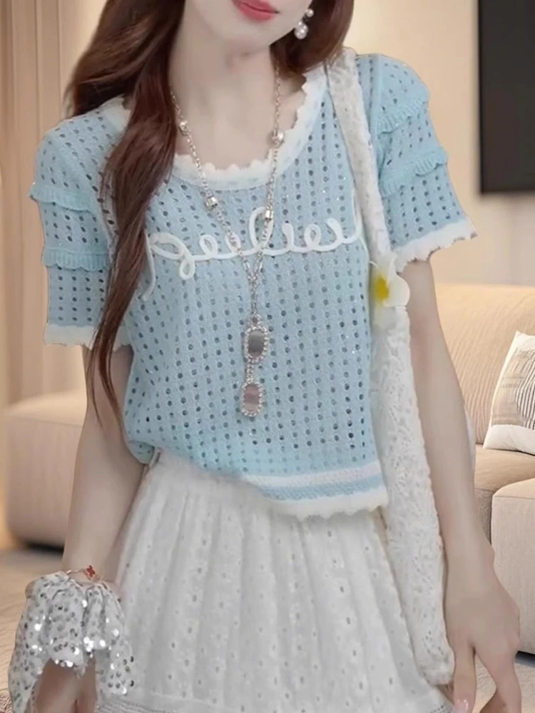 韩系蓝色字母镂空短袖针织衫女2025夏季新款宽松显瘦短款百搭上衣