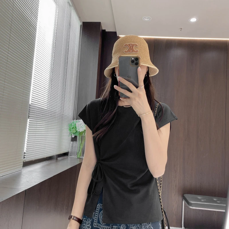 IMFLY金小金自制女装 T恤DYW9273夏季百搭圆领系带收腰显瘦T恤女