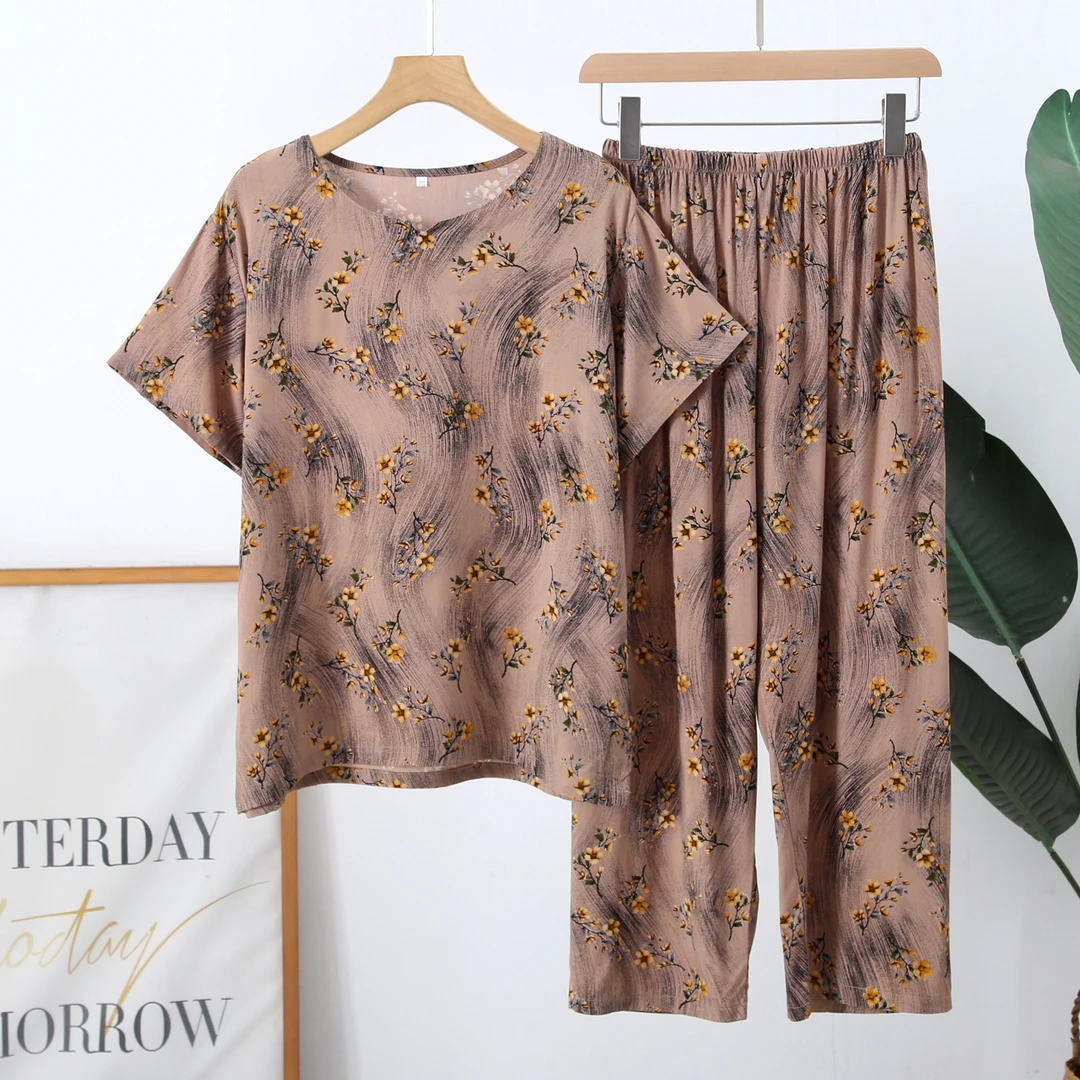 夏季妈妈睡衣棉绸短袖两件套薄款大码可外穿中老年人家居服套装