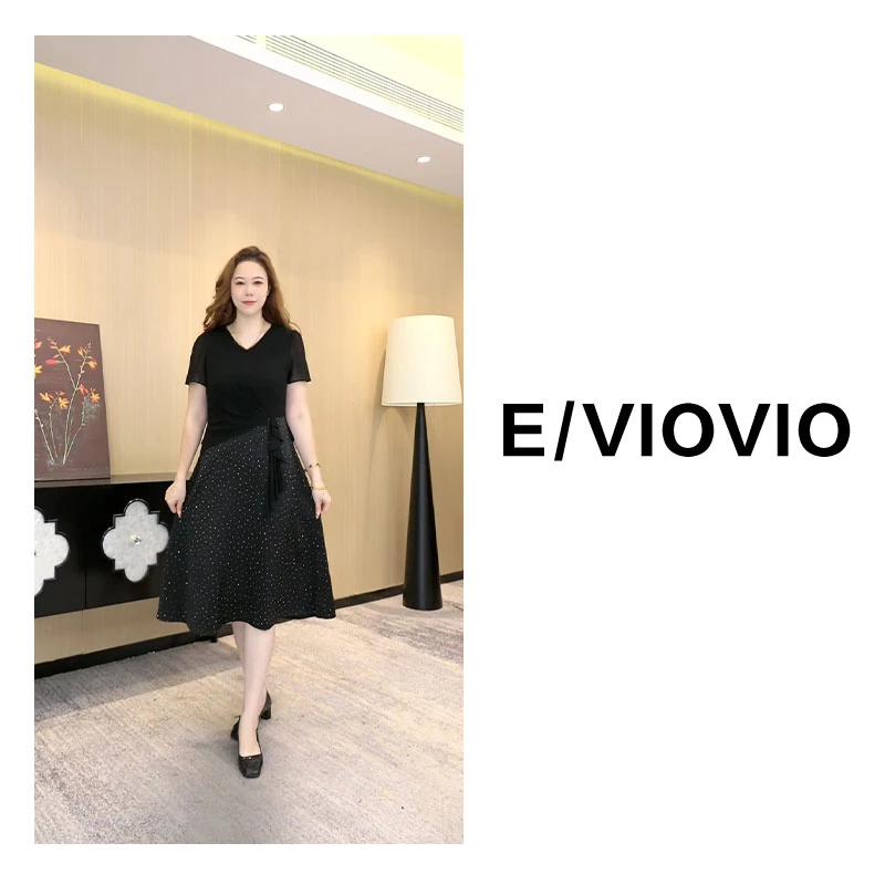 胖大今大码定制女装时尚气质拼接显瘦遮肉中长款短袖连衣裙ZB6863