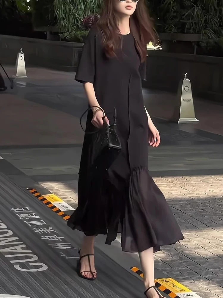 法式气质连衣裙女2025夏季宽松显瘦时尚拼接网纱下摆黑色直筒长裙