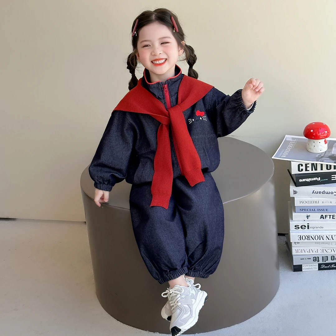 女童秋季2025时尚洋气儿童新款卡通猫咪绣花披肩牛仔休闲风套装