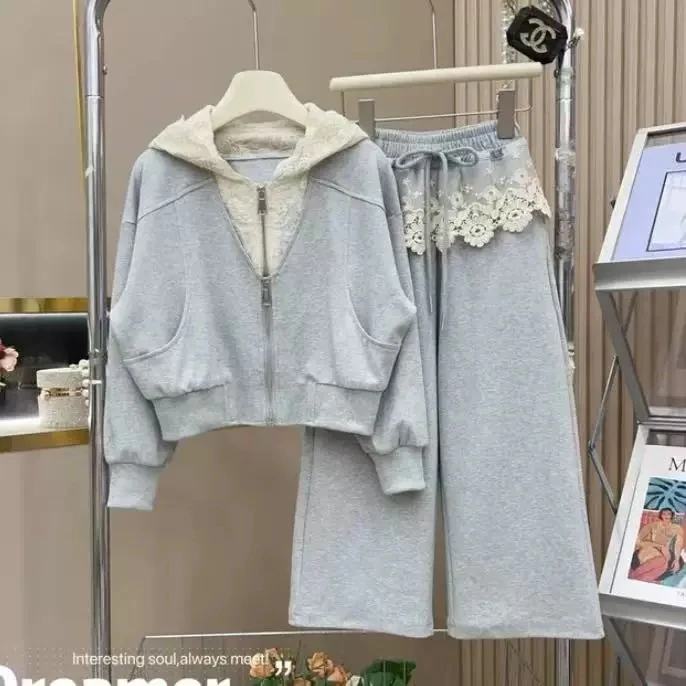 女童春秋运动套装2025新款女孩洋气时尚韩版蕾丝帽针织两件套春装