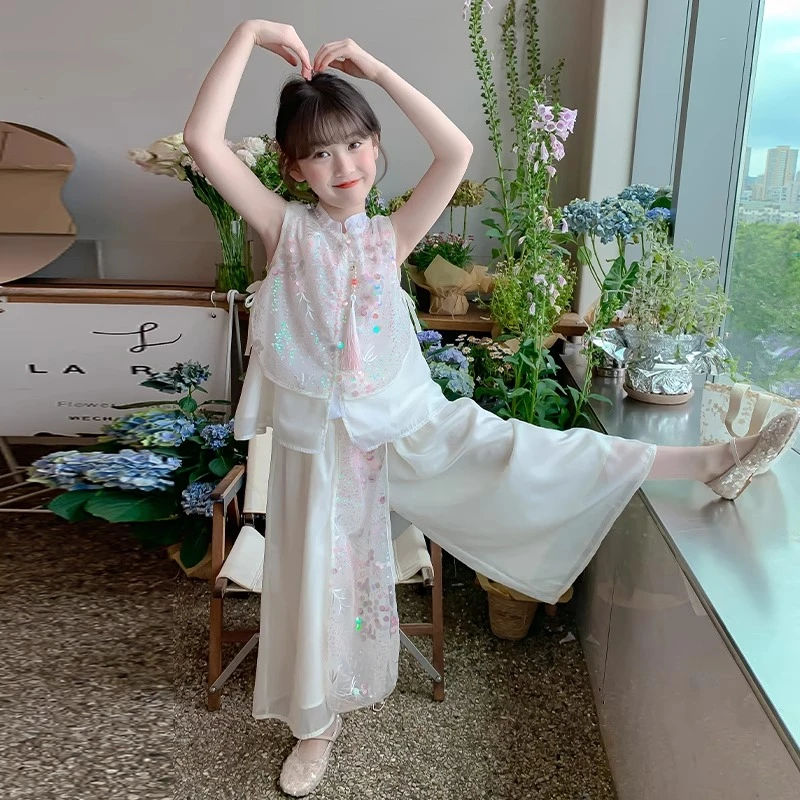 女童夏装套装2025新款儿童洋气国风汉服女孩夏季大童阔腿裤两件套