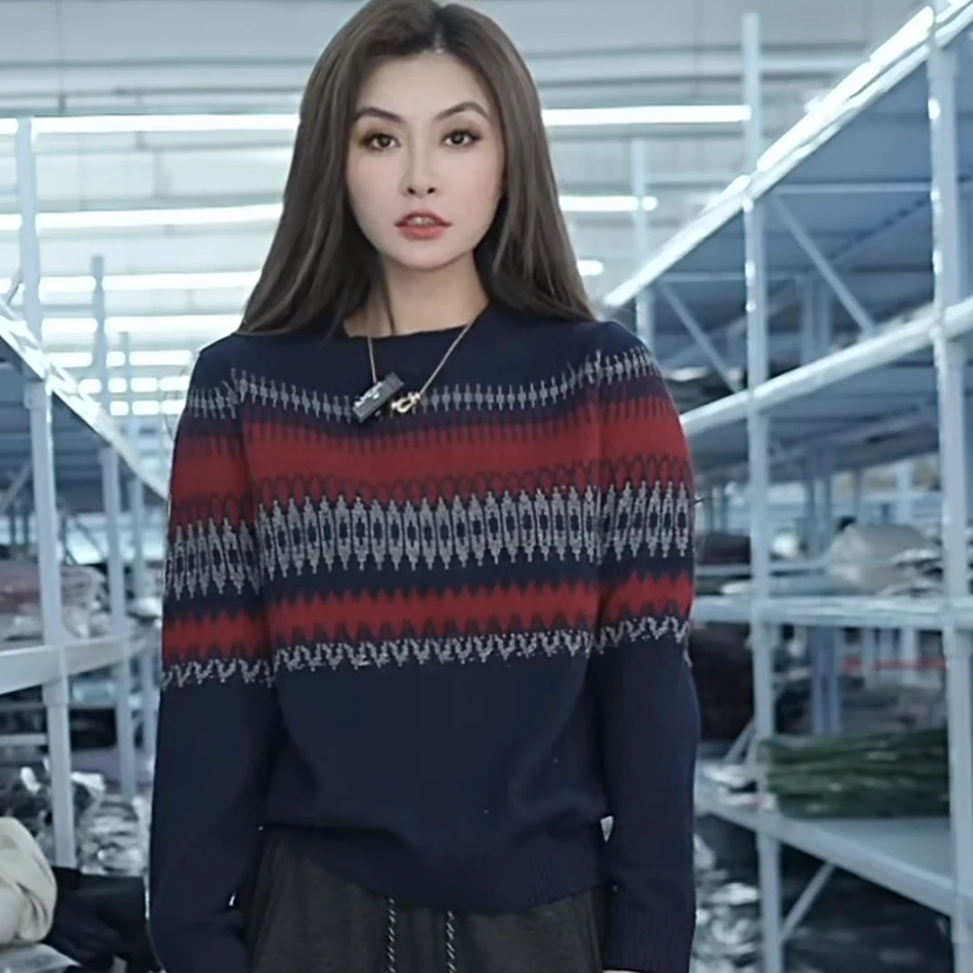 冬季宽松时尚毛针织衫通勤风套头加厚拼色落肩袖女长袖B172#