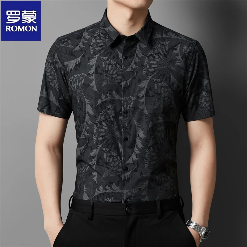 罗蒙2025新款中年男士夏季花衬衫短袖衬衣男款弹力抗皱免熨免烫