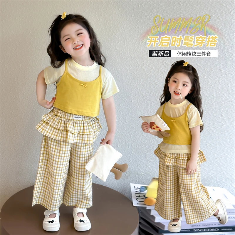 女童套装2025夏季新款儿童夏装韩版洋气背心百搭上衣T恤三件套潮