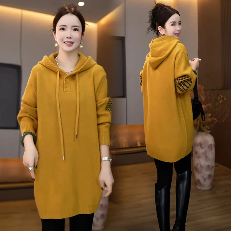 韩系百搭中长款连帽针织毛衣女2025秋冬新款减龄洋气遮肉显瘦上衣