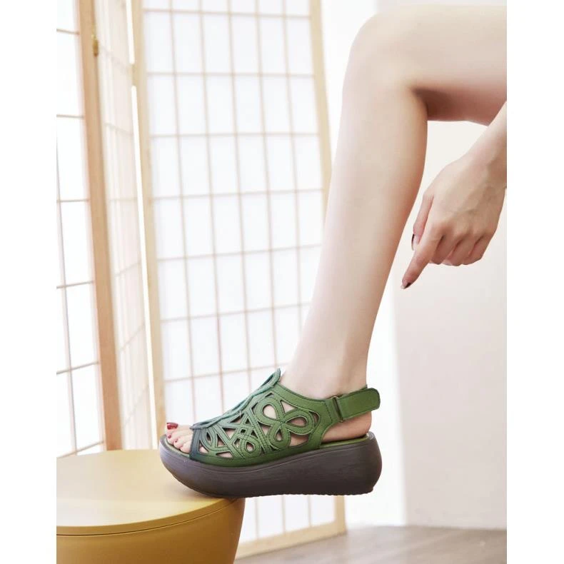 厚底女士休闲凉鞋2025新款夏季镂空罗马鞋外穿真皮复古舒适鱼嘴鞋