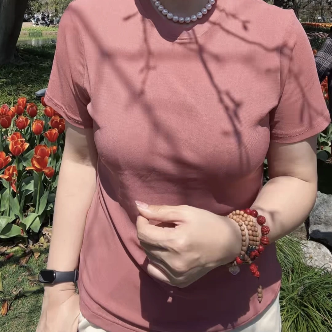 【杭州群姐家】A2505春夏彩色百搭弹力美国网纱圆领打底衫