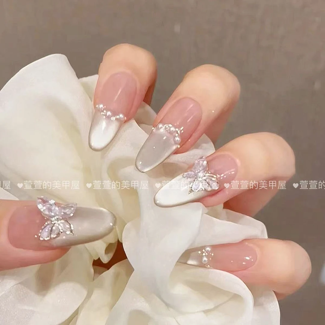 双飞蝶纯手工光疗美甲贴果冻贴片指甲穿戴甲美白简约梯形