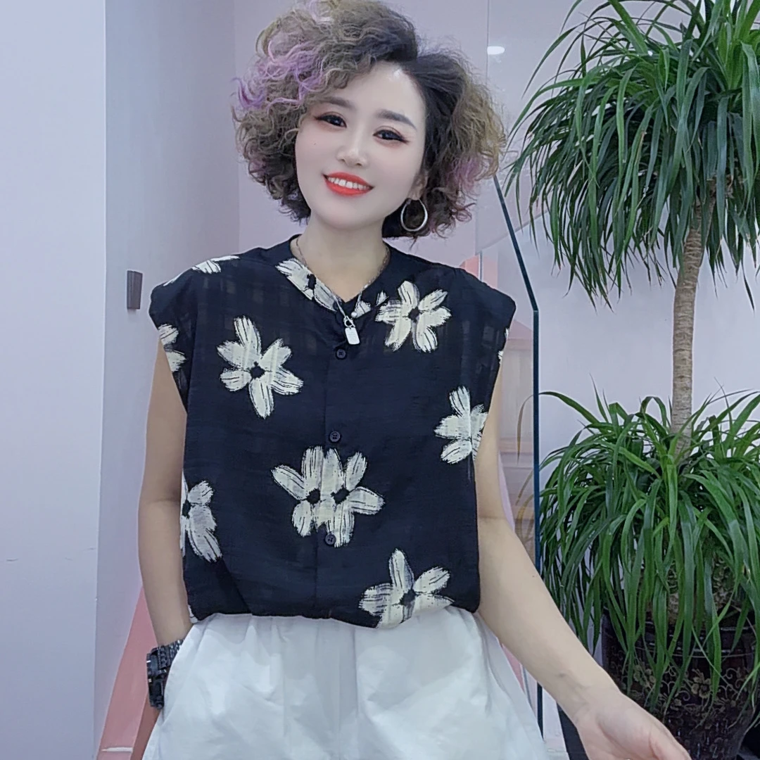 夏季新款法式复古印花绑带收腰无袖小衫