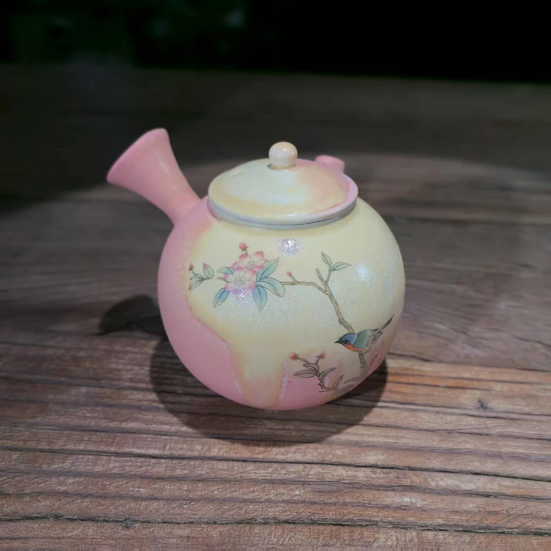 苏打烧桃红喜鹊小龙蛋侧把壶小套装 A12497