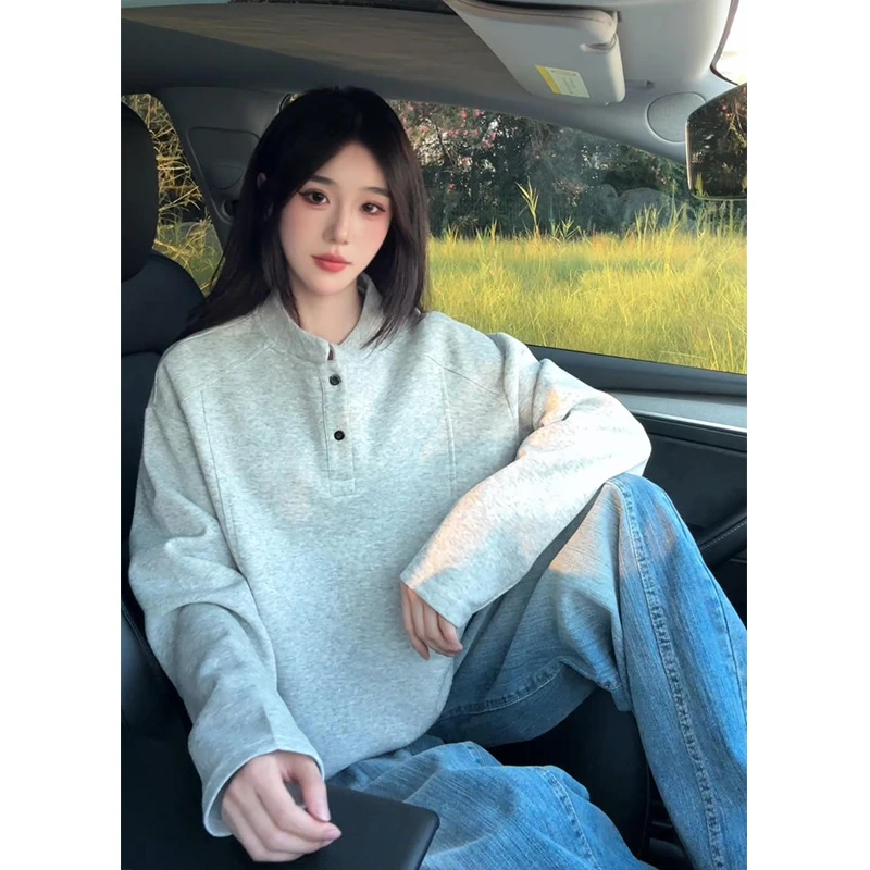 美式复古花灰色亨利领长袖t恤男女秋冬加绒加厚cleanfit内搭打底