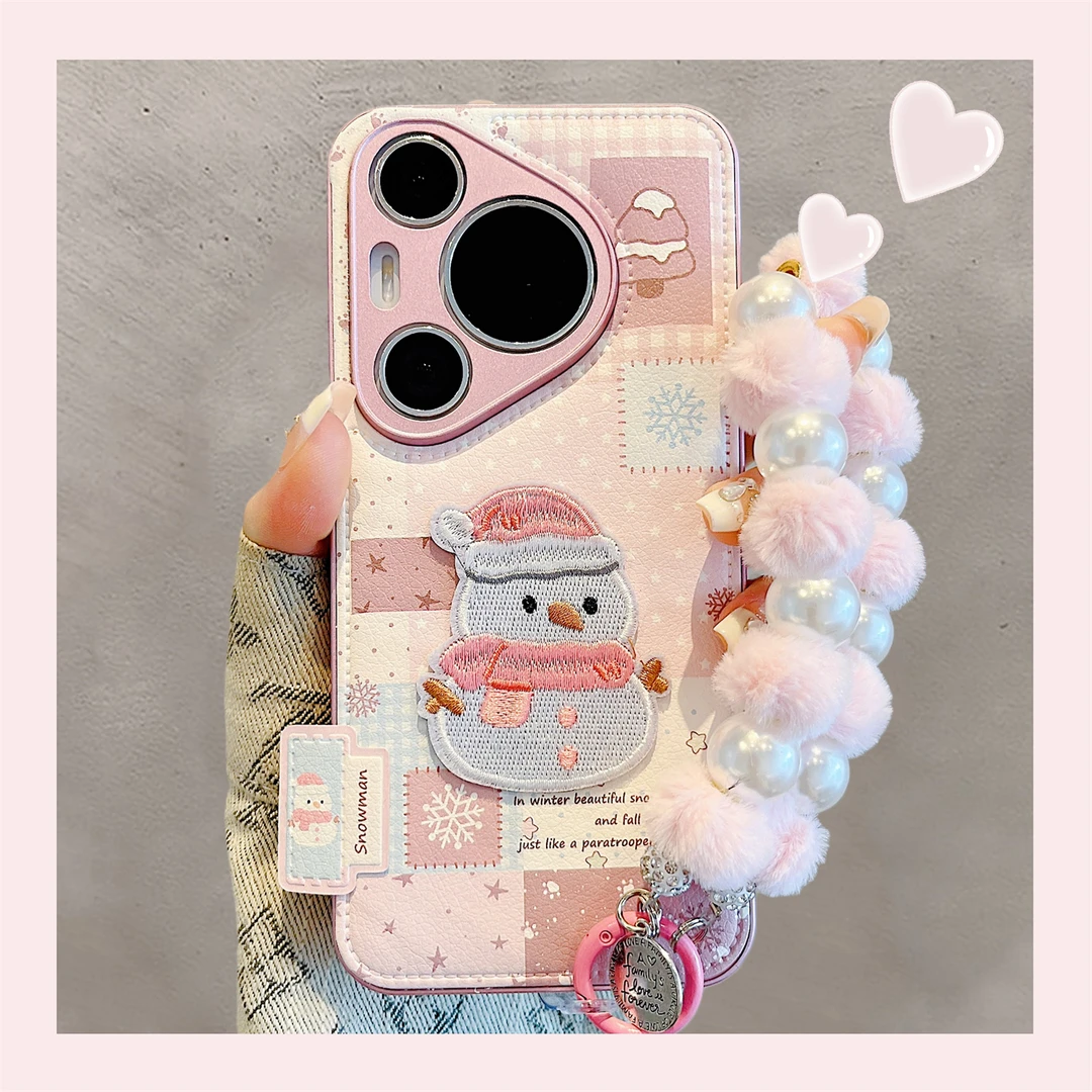 适用华为pura70pro+手机壳可爱粉色格纹刺绣雪人pura80Ultra网红