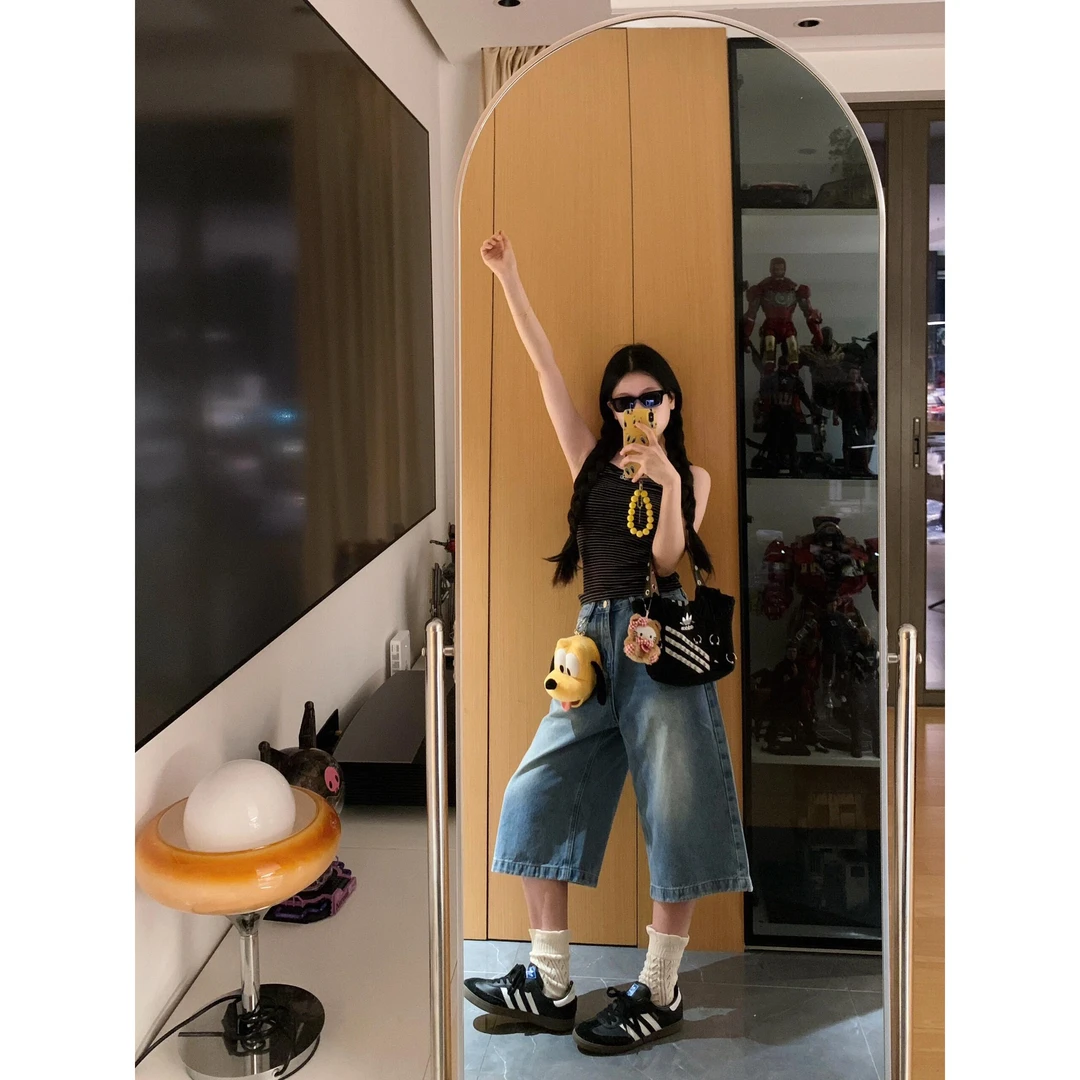 美式水洗牛仔七分短裤女夏季2025爆款复古直筒阔腿休闲宽松中裤子