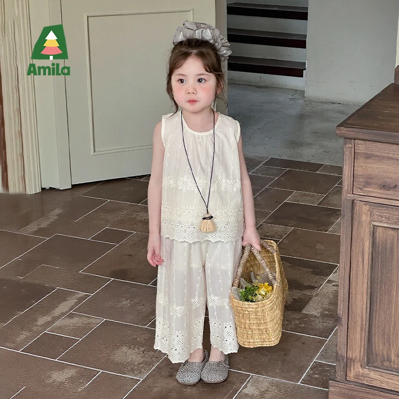 Amila啊咪啦2025夏季新款蕾丝花边精致女童裤套装XX5KT271