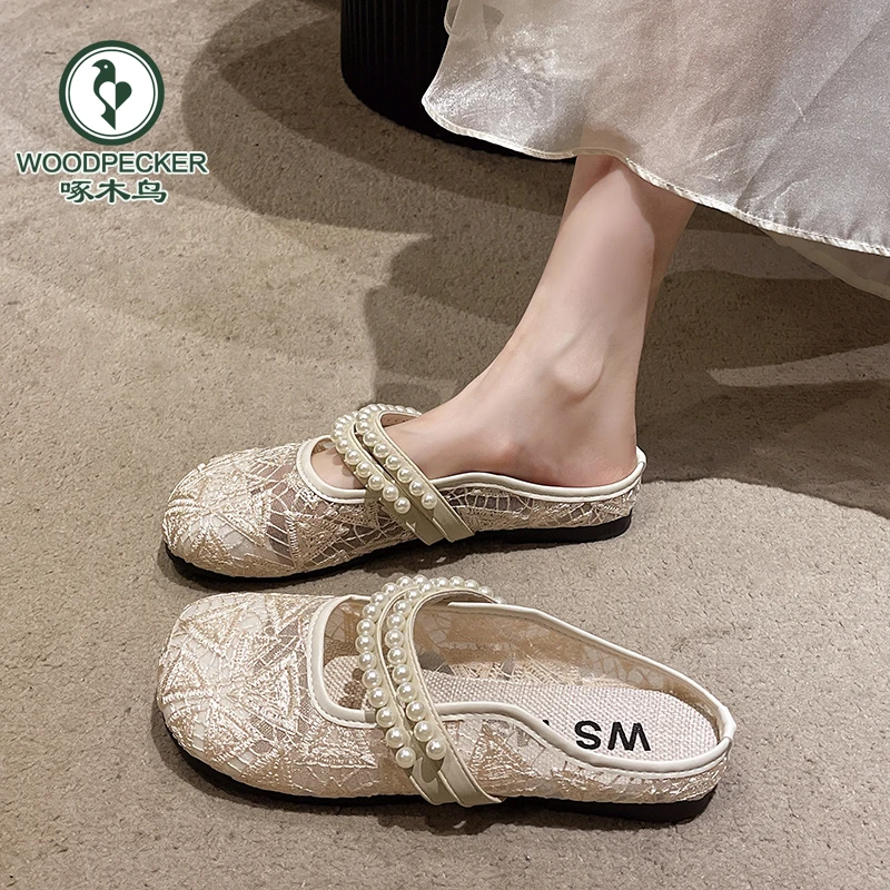 啄木鸟网纱透气包头半拖鞋女夏外穿2025新款法式仙女风平底凉拖鞋