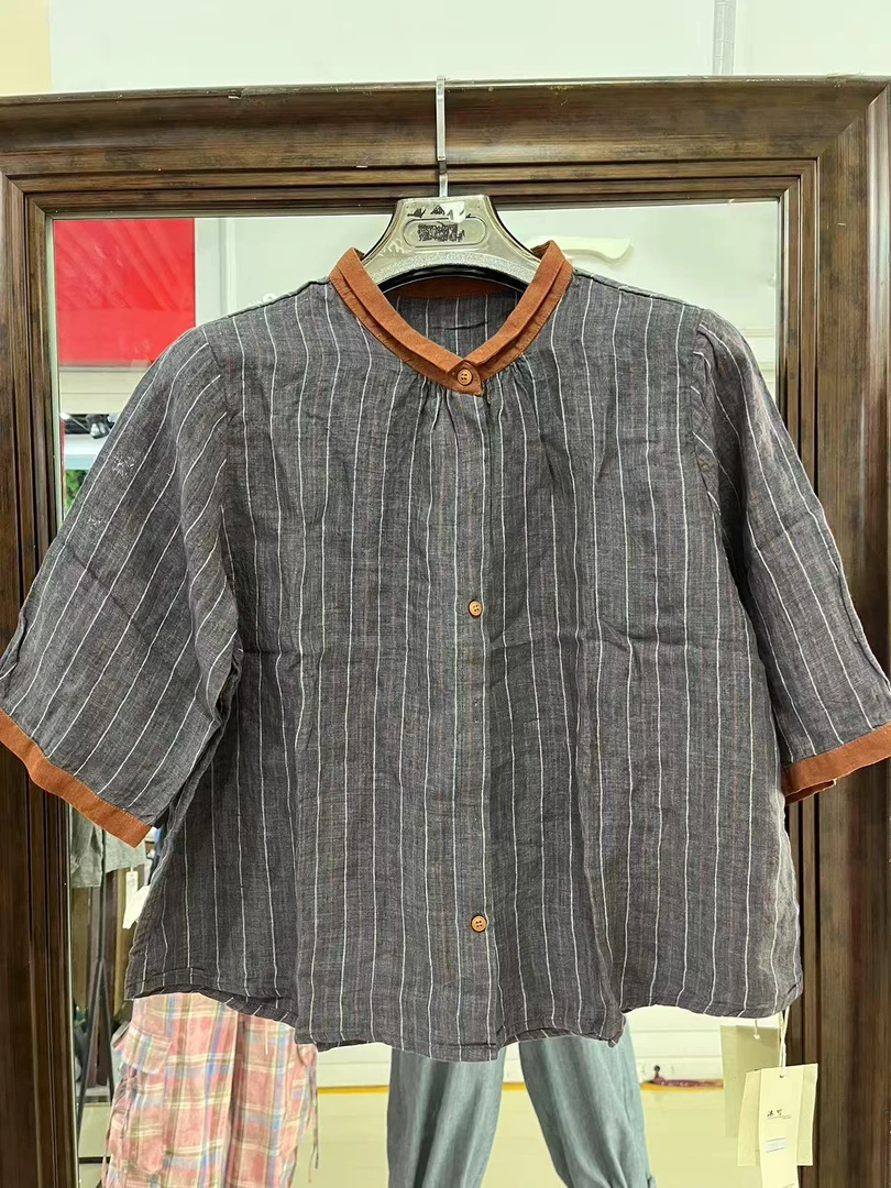 8153黄姐定制五分袖常规款色织落肩袖夏季休闲条纹衬衫