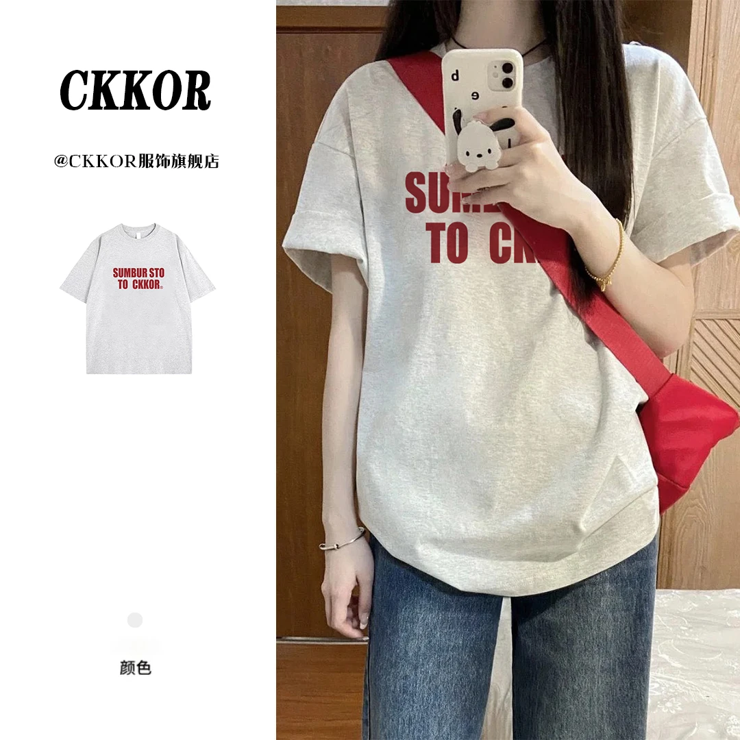 CKKOR夏季学生休闲字母印花短袖t恤女韩版潮流宽松小众设计感上衣