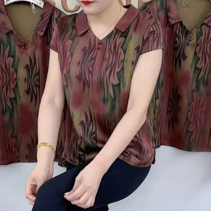 2025夏季新款复古薄款宽松T恤V领中老年女装休闲中年时尚印花上衣