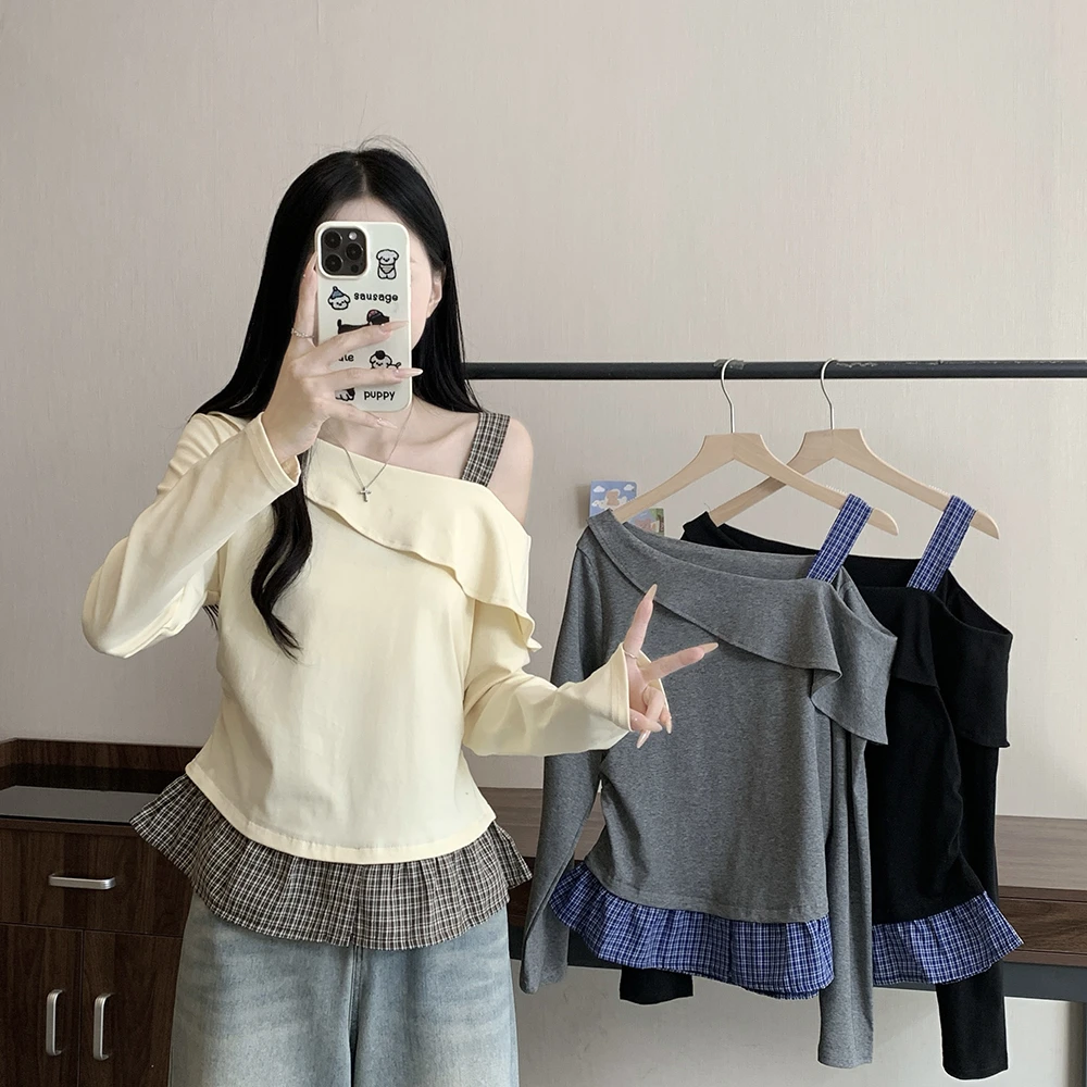 2025褶皱格子法式T恤假两件防静电拼接长袖方领显瘦通勤3771