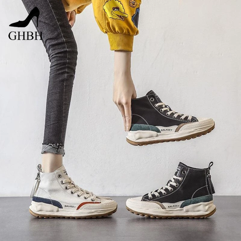 香港头层小众高帮小白鞋女秋季阿甘鞋2025新款厚底休闲运动溶解鞋