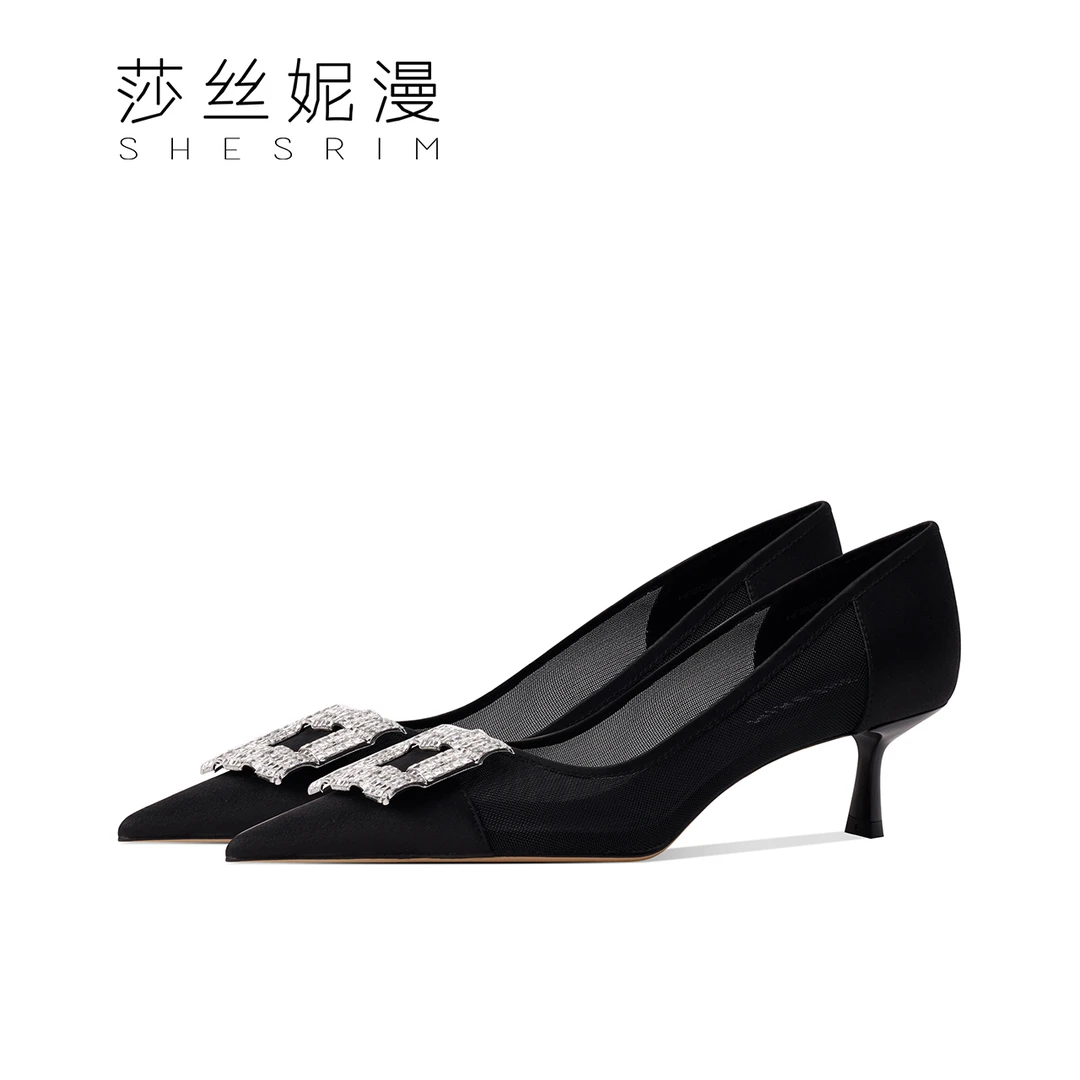 D124-春季新款真丝皮优雅浅口女细高跟轻奢时气质黑色