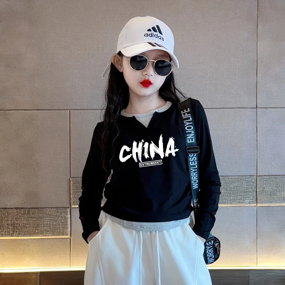 长袖t恤女童秋装2025新款大童假两件上衣儿童早秋洋气修身打底衫