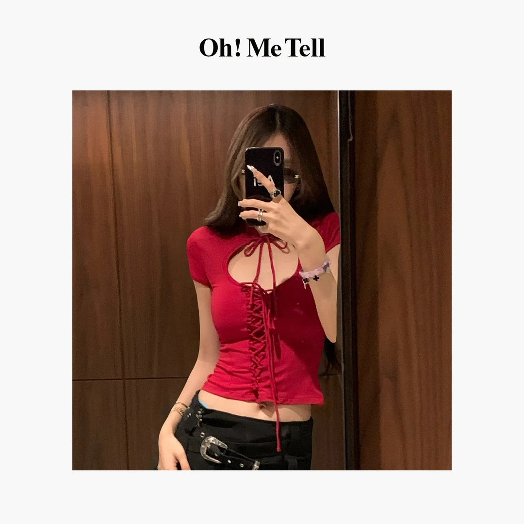 Oh！Me Tell【jennie金智妮同款】辣妹红色绑带镂空领修身短袖T恤女