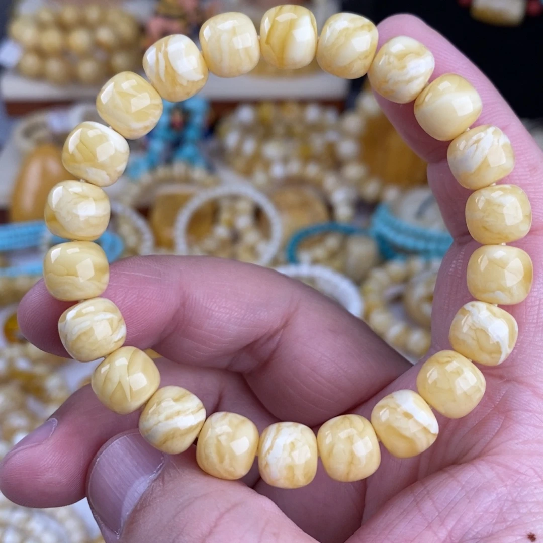 蜜蜡未镶嵌手链瓷白细纹蜡实虎皮纹10mm