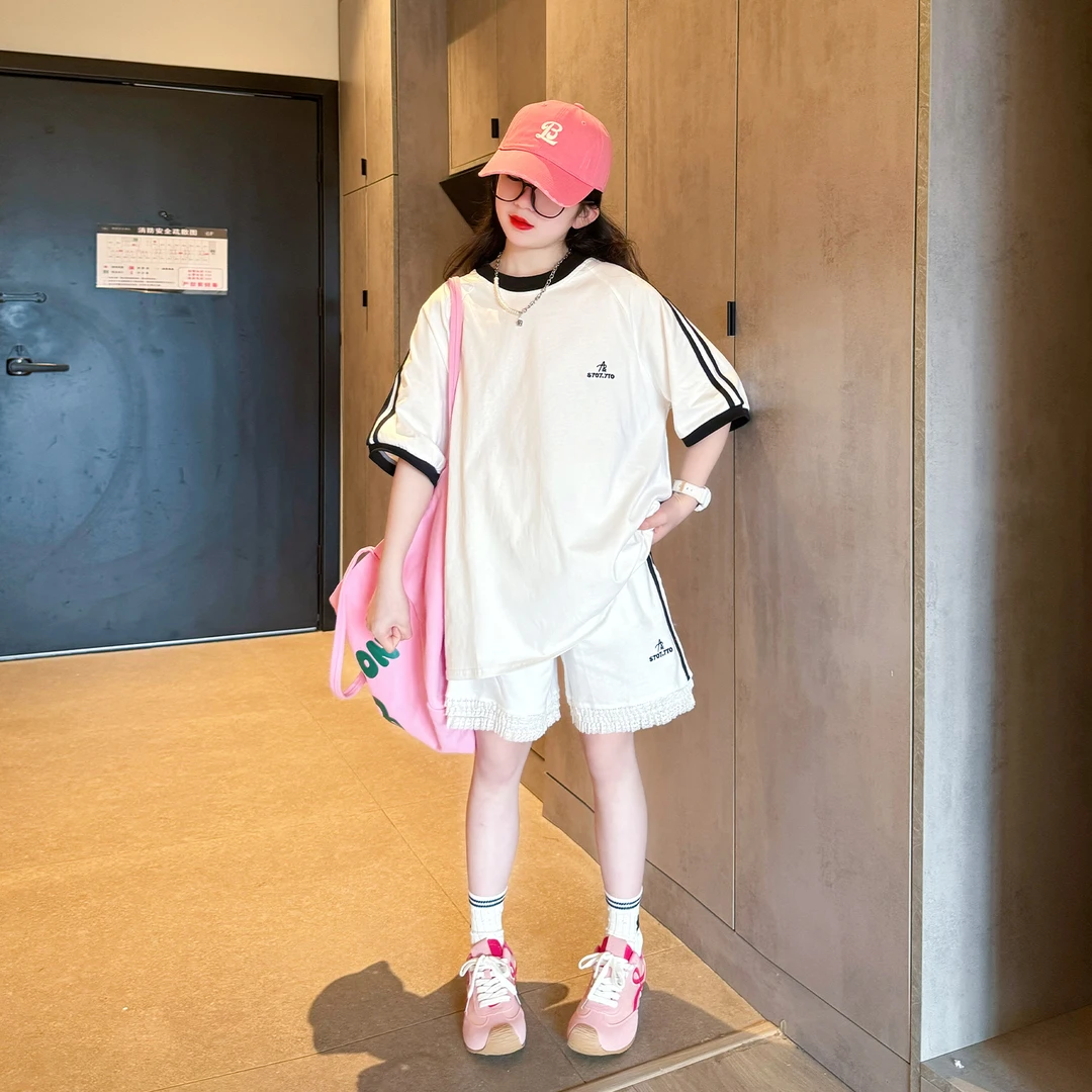 女童休闲运动套装夏季2025新款洋气时髦初中生女孩短袖短裤两件套
