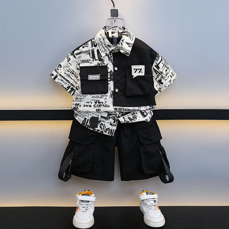 【4.18万人喜欢】男童夏装衬衫套装2025新款潮帅气儿童字母短袖两件