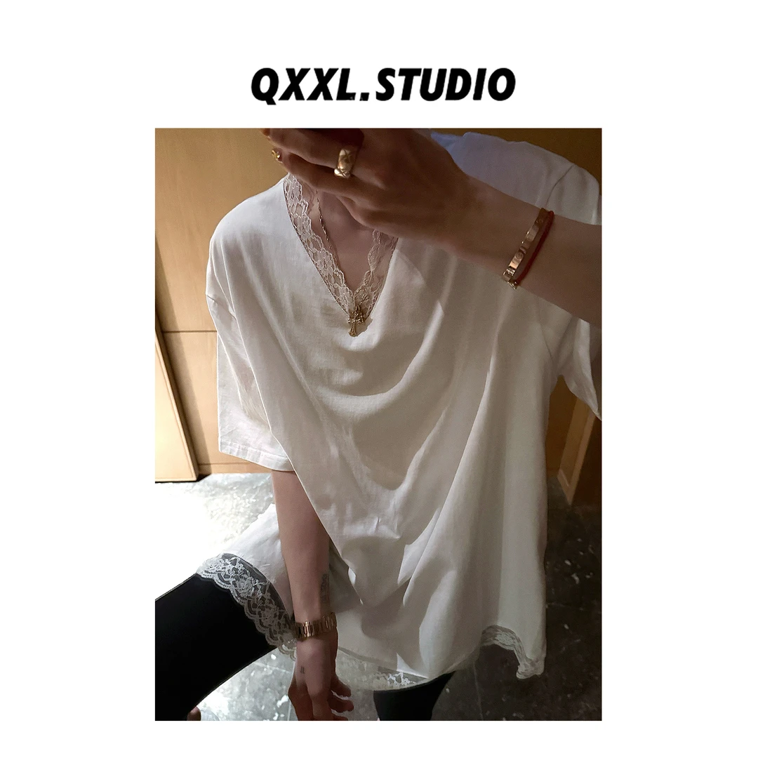 邱小小丽呀 春季新款韩系时尚洋气V领短袖蕾丝边拼接打底T恤女