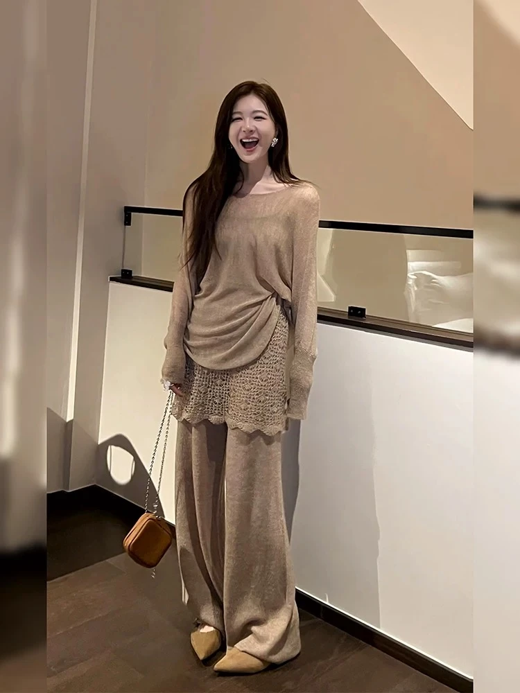 小香风气质穿搭一整套女秋装搭配蕾丝镂空针织衫上衣裤子两件套装