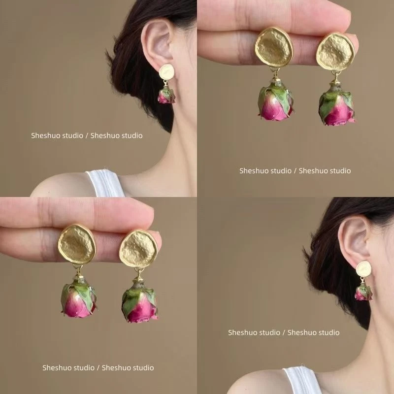 敲温柔!干枯玫瑰花朵耳环女森系超仙设计感耳钉温婉气质百搭耳饰