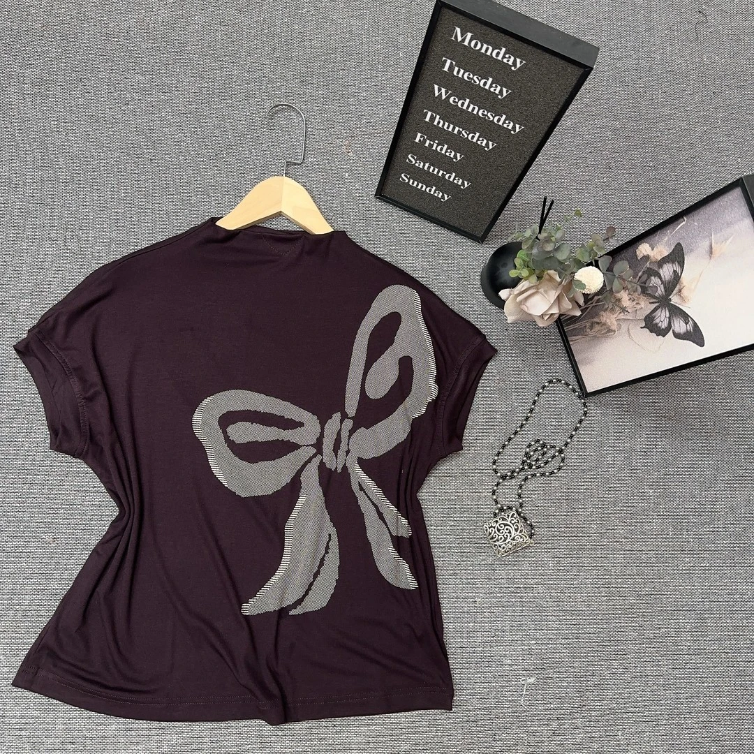 蝴蝶结夏季新款半高领短袖T恤休闲遮肚时尚百搭印花上衣减龄显瘦