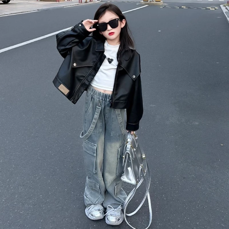 女童春秋季皮衣外套2025新款女孩时髦洋气T恤套装休闲牛仔裤子潮