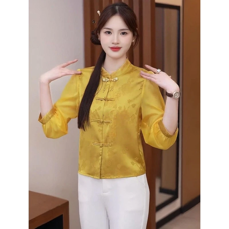 逸阳新中式盘扣暗纹提花衬衫女春秋新款设七分袖国风衬衣气质立领